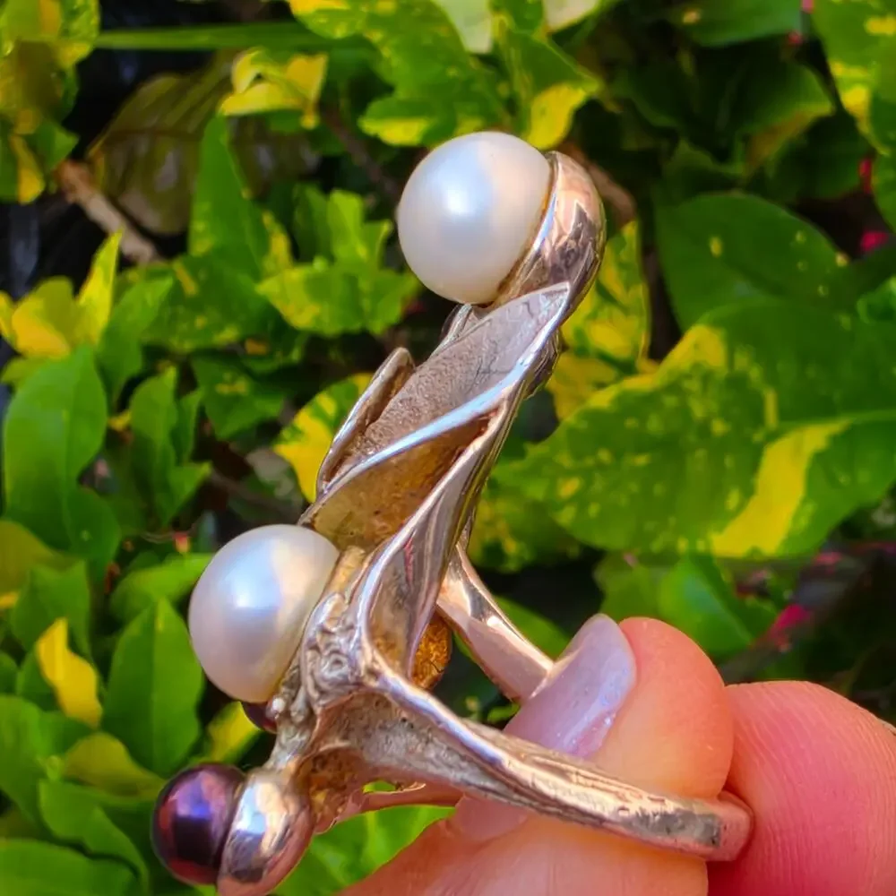 Vintage Sterling Silver Faux Pearl Botanical Statement Ring Sz 8.5